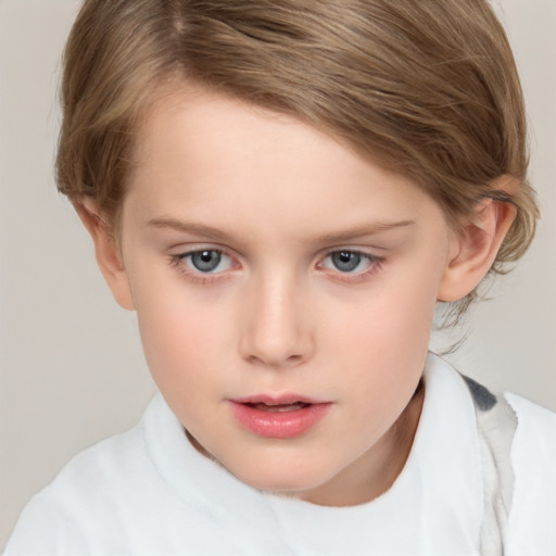 Neutral white child female with short  brown hair and grey eyes