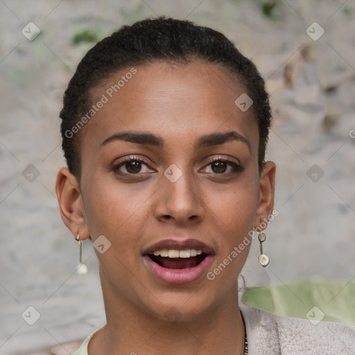 Joyful white young-adult female with short  brown hair and brown eyes