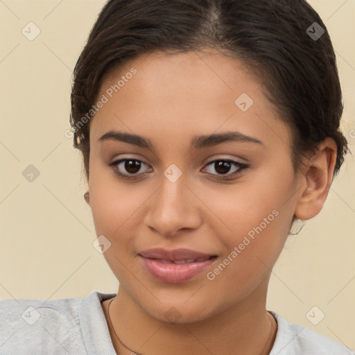 Joyful latino young-adult female with short  brown hair and brown eyes