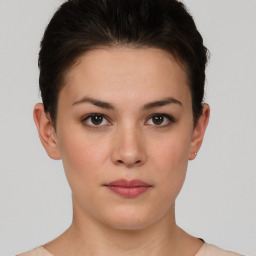 Neutral white young-adult female with short  brown hair and brown eyes