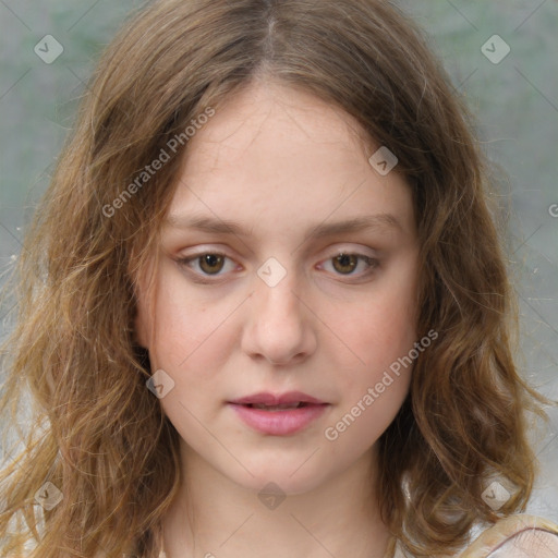 Joyful white young-adult female with medium  brown hair and green eyes