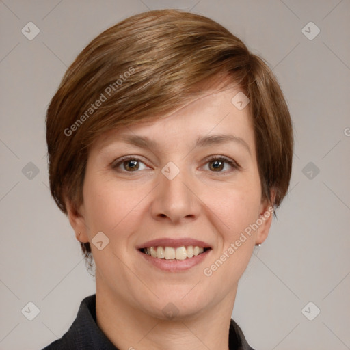 Joyful white young-adult female with short  brown hair and grey eyes