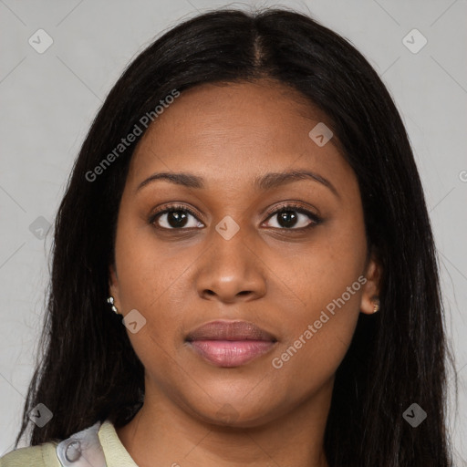 Joyful asian young-adult female with long  brown hair and brown eyes