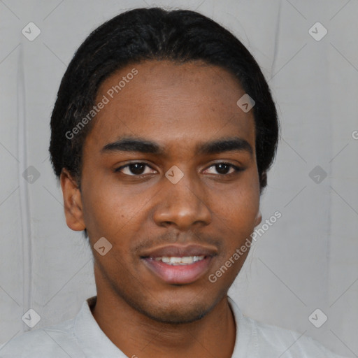 Neutral black young-adult male with short  black hair and brown eyes