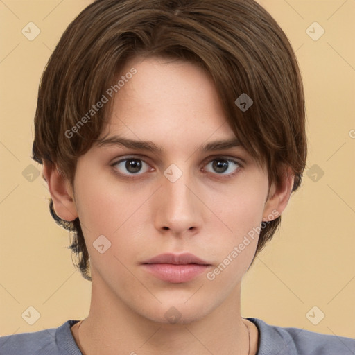 Neutral white young-adult female with short  brown hair and brown eyes