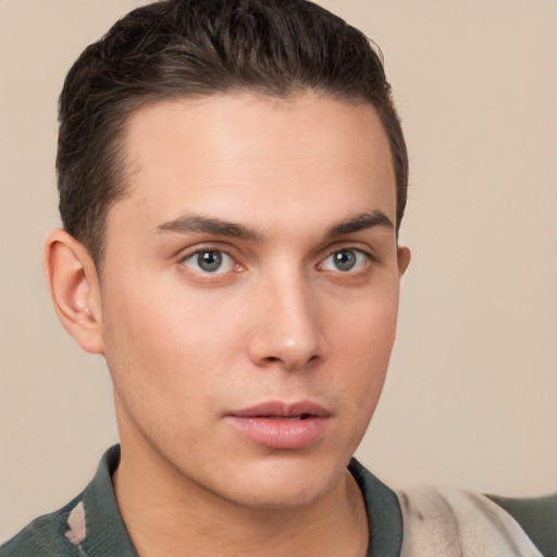 Neutral white young-adult male with short  brown hair and brown eyes