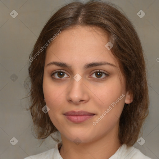 Neutral white young-adult female with medium  brown hair and brown eyes