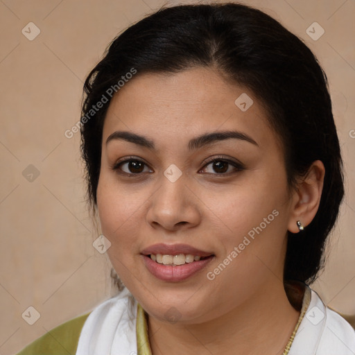 Joyful white young-adult female with medium  brown hair and brown eyes