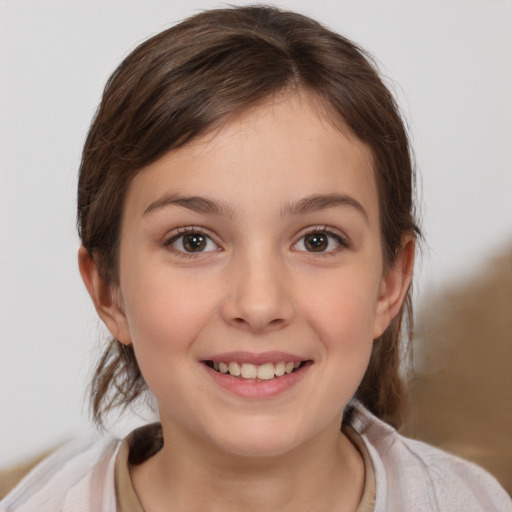 Joyful white child female with medium  brown hair and brown eyes