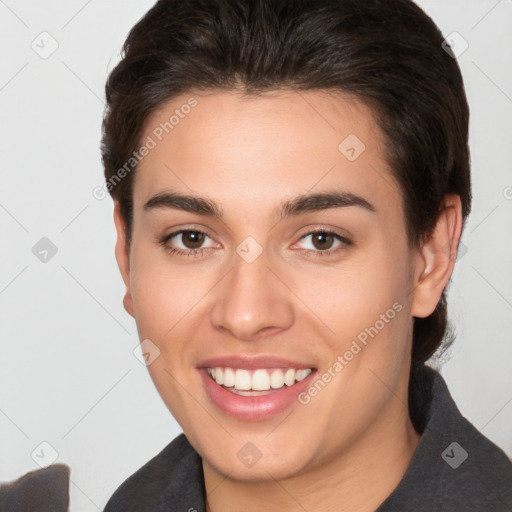 Joyful white young-adult female with short  brown hair and brown eyes