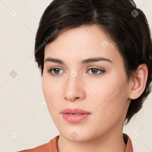 Neutral white young-adult female with medium  brown hair and brown eyes