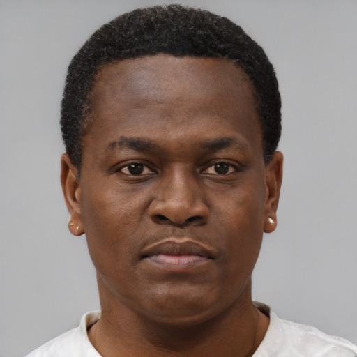 Neutral black young-adult male with short  black hair and brown eyes