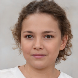 Joyful white child female with medium  brown hair and brown eyes