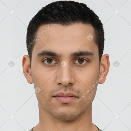 Neutral latino young-adult male with short  black hair and brown eyes