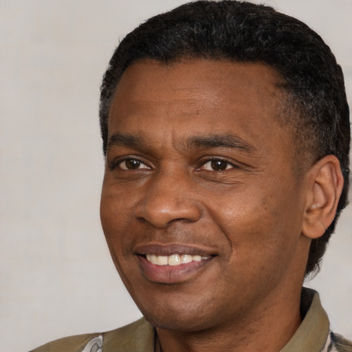 Joyful black adult male with short  black hair and brown eyes