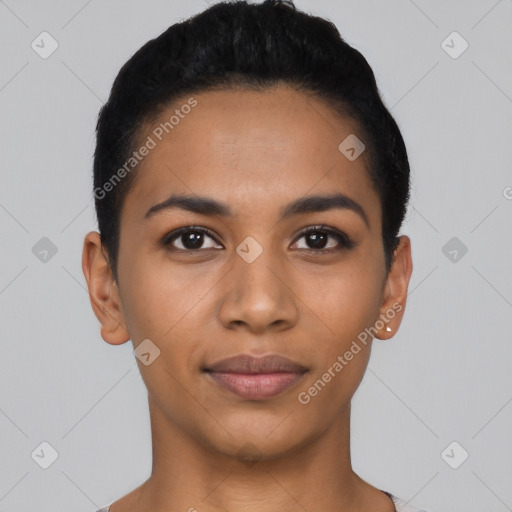 Joyful latino young-adult female with short  black hair and brown eyes