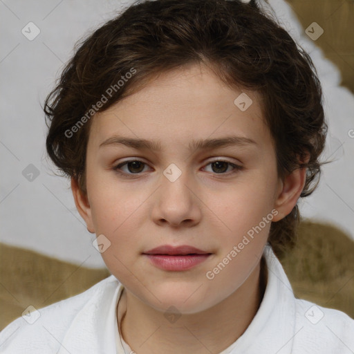 Joyful white child female with medium  brown hair and brown eyes