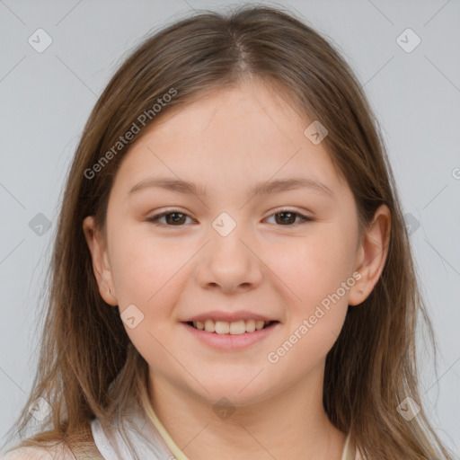 Joyful white child female with medium  brown hair and brown eyes