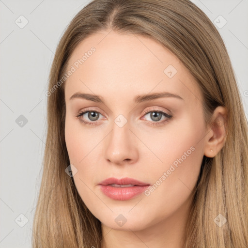 Neutral white young-adult female with long  brown hair and brown eyes