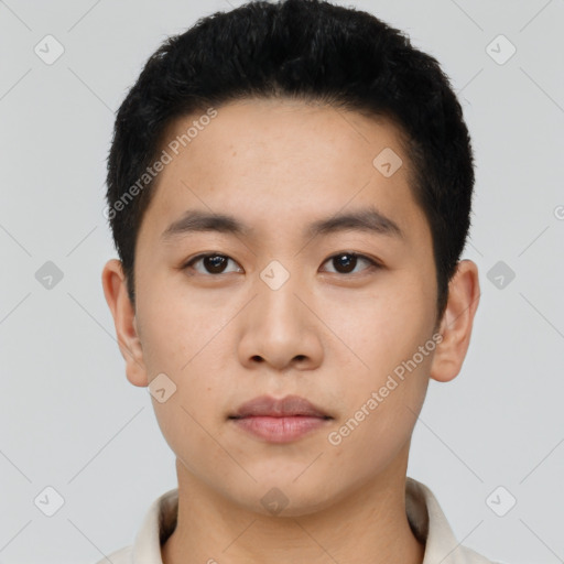 Neutral asian young-adult male with short  black hair and brown eyes