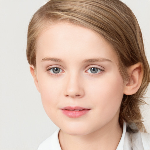 Neutral white child female with medium  brown hair and grey eyes