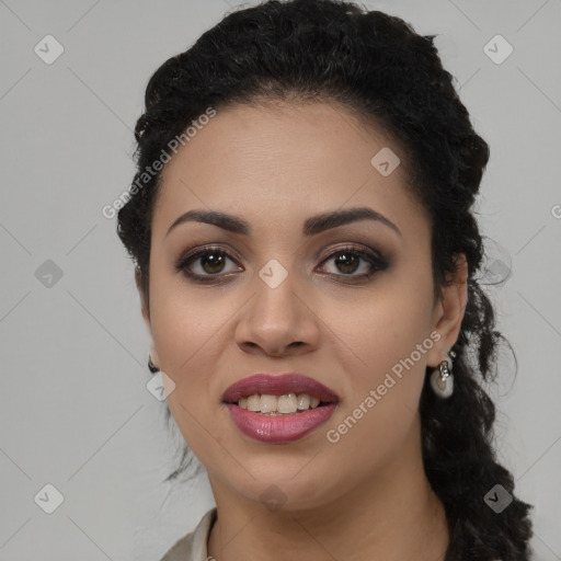 Joyful latino young-adult female with long  black hair and brown eyes