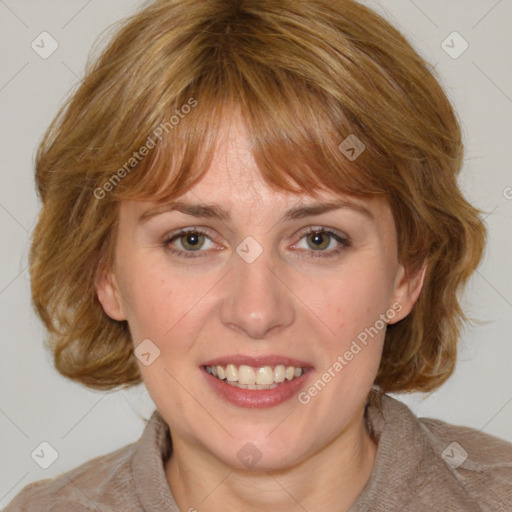 Joyful white young-adult female with medium  brown hair and blue eyes