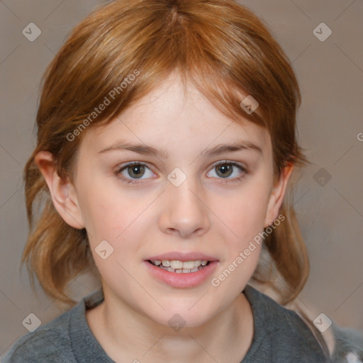 Joyful white child female with medium  brown hair and brown eyes