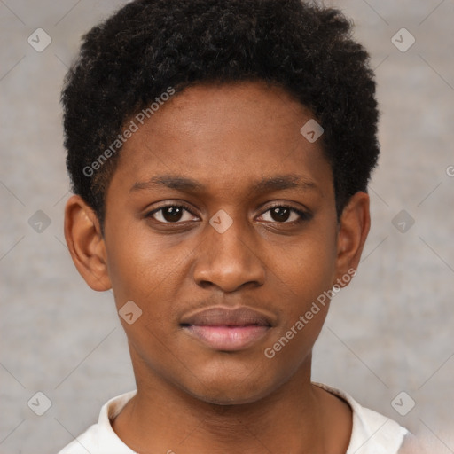 Joyful black young-adult male with short  brown hair and brown eyes