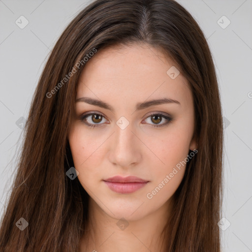 Neutral white young-adult female with long  brown hair and brown eyes