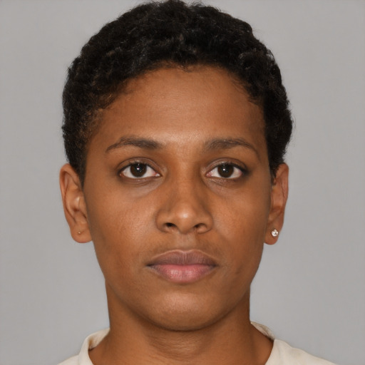 Neutral black young-adult female with short  brown hair and brown eyes