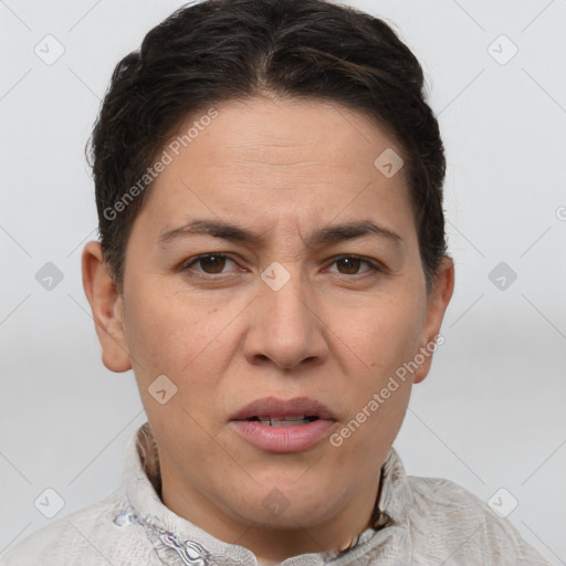 Joyful white adult female with short  brown hair and brown eyes