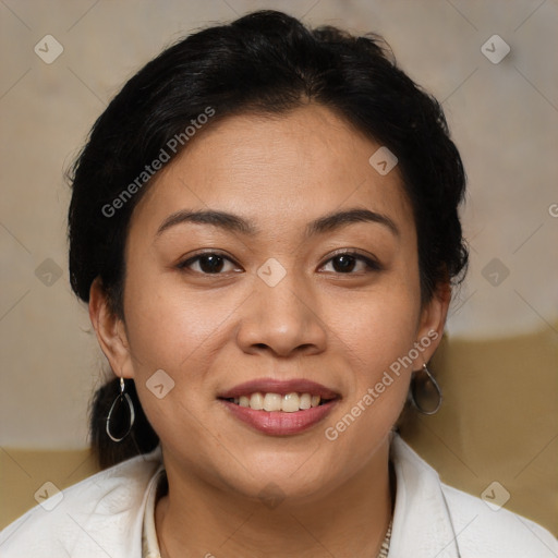 Joyful white young-adult female with medium  brown hair and brown eyes