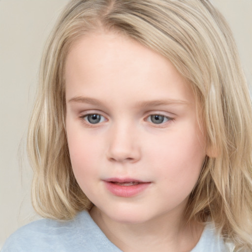 Neutral white child female with medium  brown hair and blue eyes