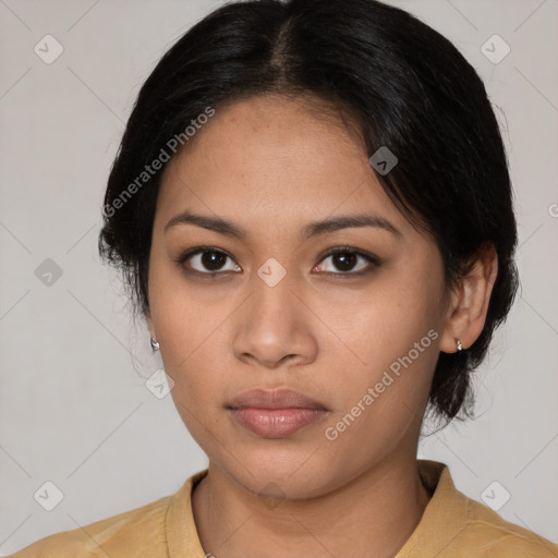 Neutral asian young-adult female with medium  black hair and brown eyes