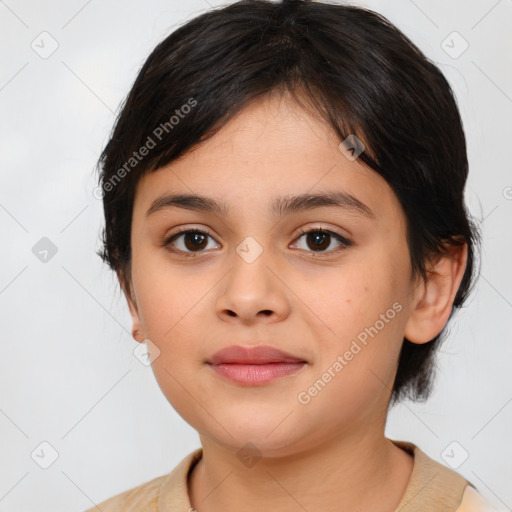 Joyful white child female with medium  brown hair and brown eyes