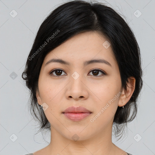 Neutral asian young-adult female with medium  black hair and brown eyes