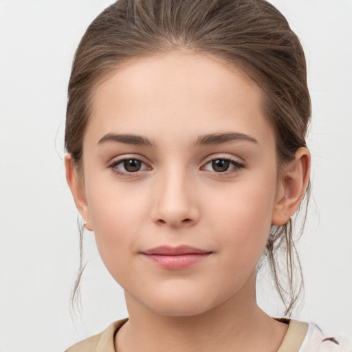 Joyful white child female with medium  brown hair and brown eyes