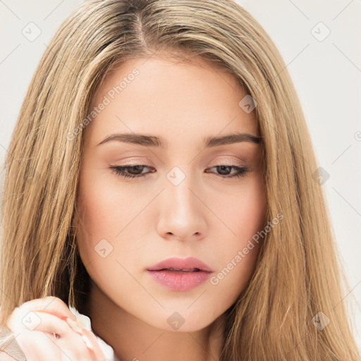 Neutral white young-adult female with long  brown hair and brown eyes