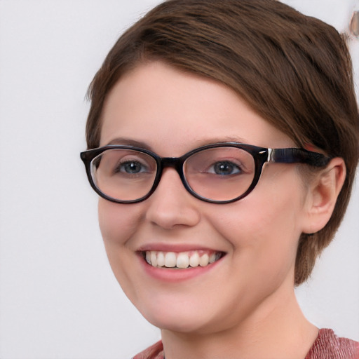 Joyful white young-adult female with medium  brown hair and blue eyes