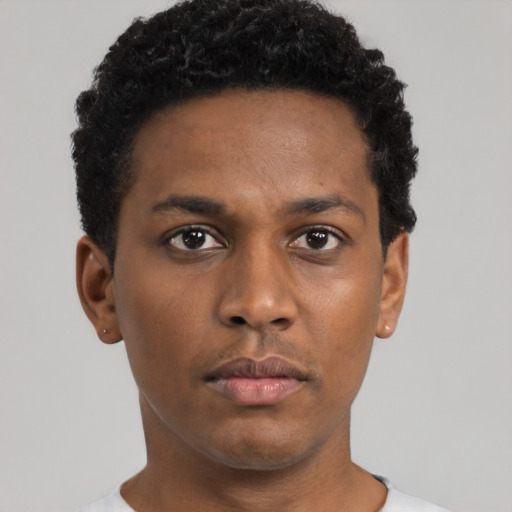 Neutral black young-adult male with short  black hair and brown eyes
