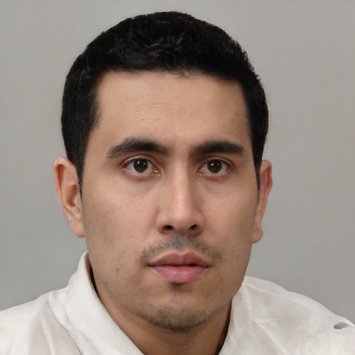 Neutral asian young-adult male with short  black hair and brown eyes