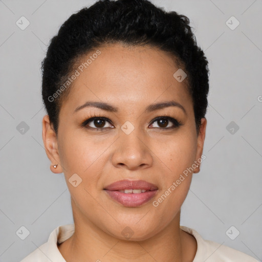 Joyful latino young-adult female with short  brown hair and brown eyes