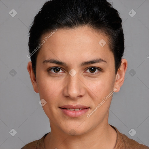 Joyful white young-adult female with short  brown hair and brown eyes