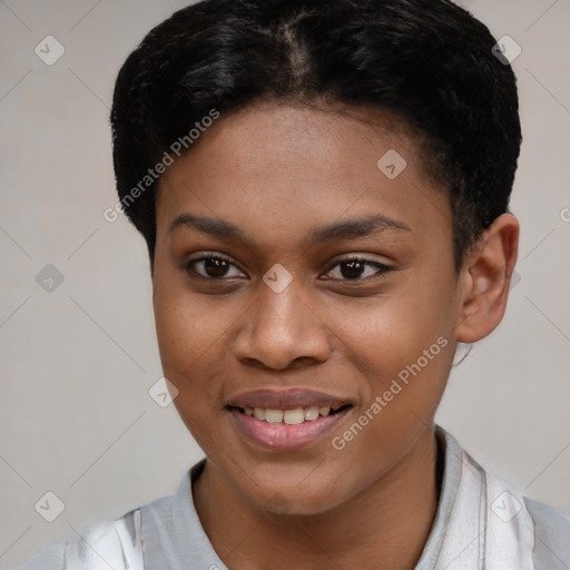 Joyful black young-adult female with short  brown hair and brown eyes