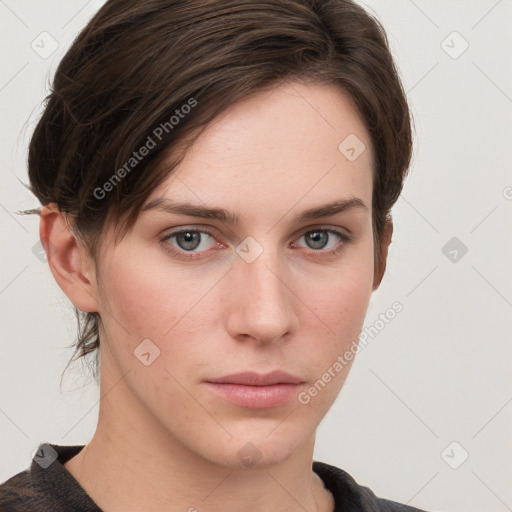 Neutral white young-adult female with medium  brown hair and grey eyes