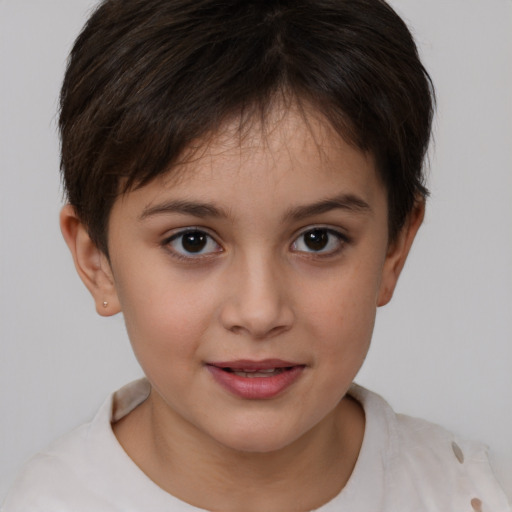 Joyful white child female with short  brown hair and brown eyes