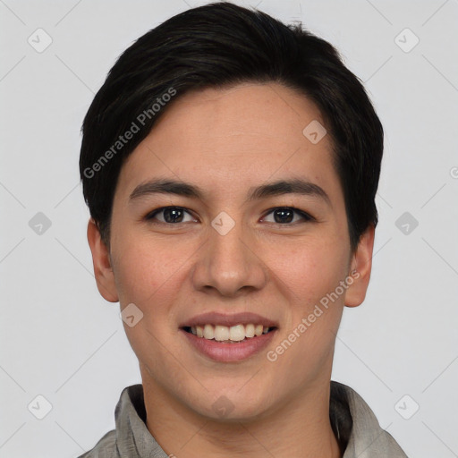 Joyful asian young-adult male with short  black hair and brown eyes