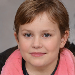 Joyful white child female with medium  brown hair and blue eyes