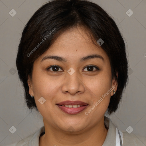 Joyful white young-adult female with medium  brown hair and brown eyes